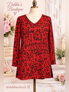 MAYSOAR XL Red Black Leopard Print Tunic Top Pockets Stretch